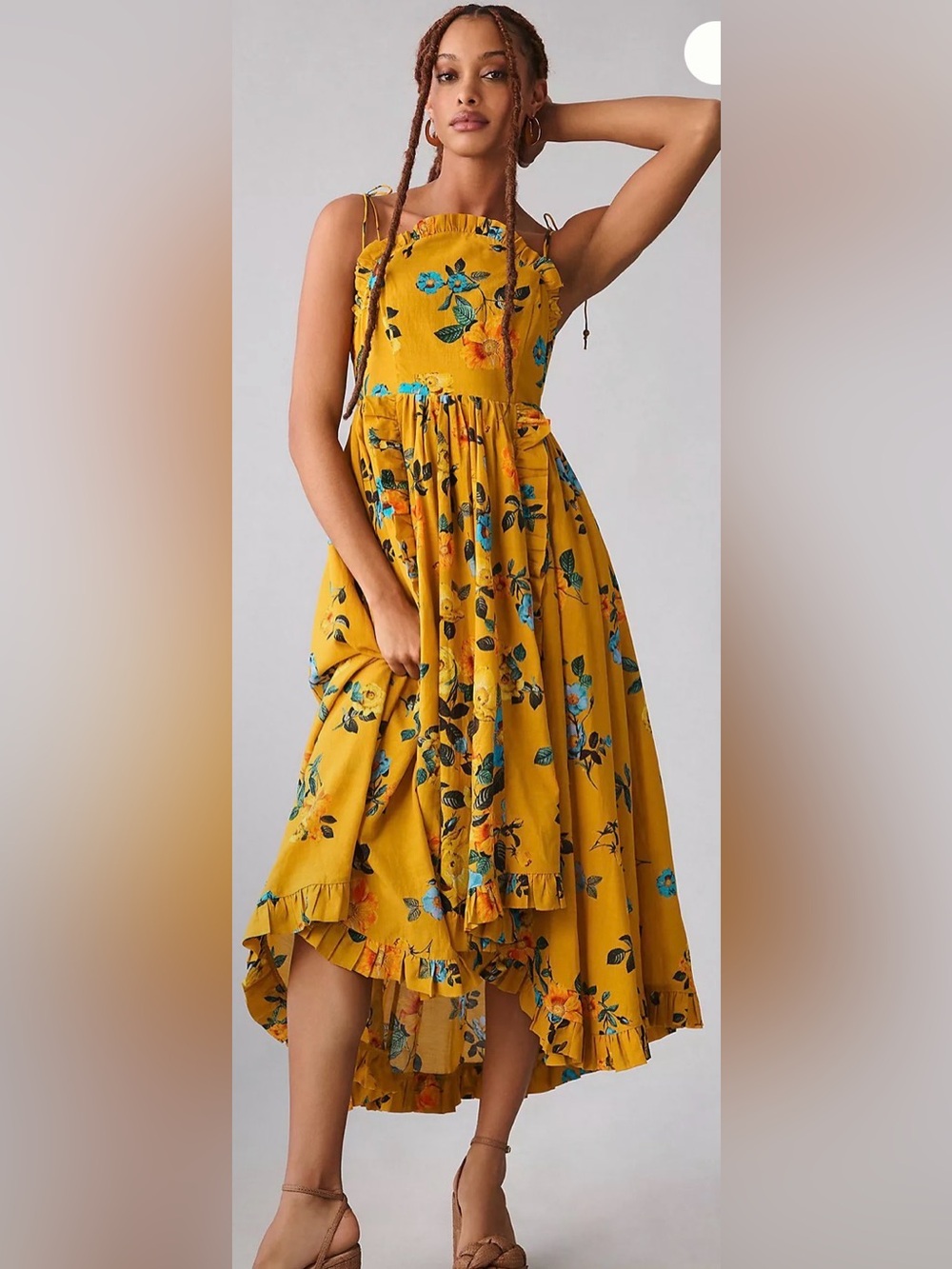 Anthropology Yellow Floral Tie-Strap Midi Dress